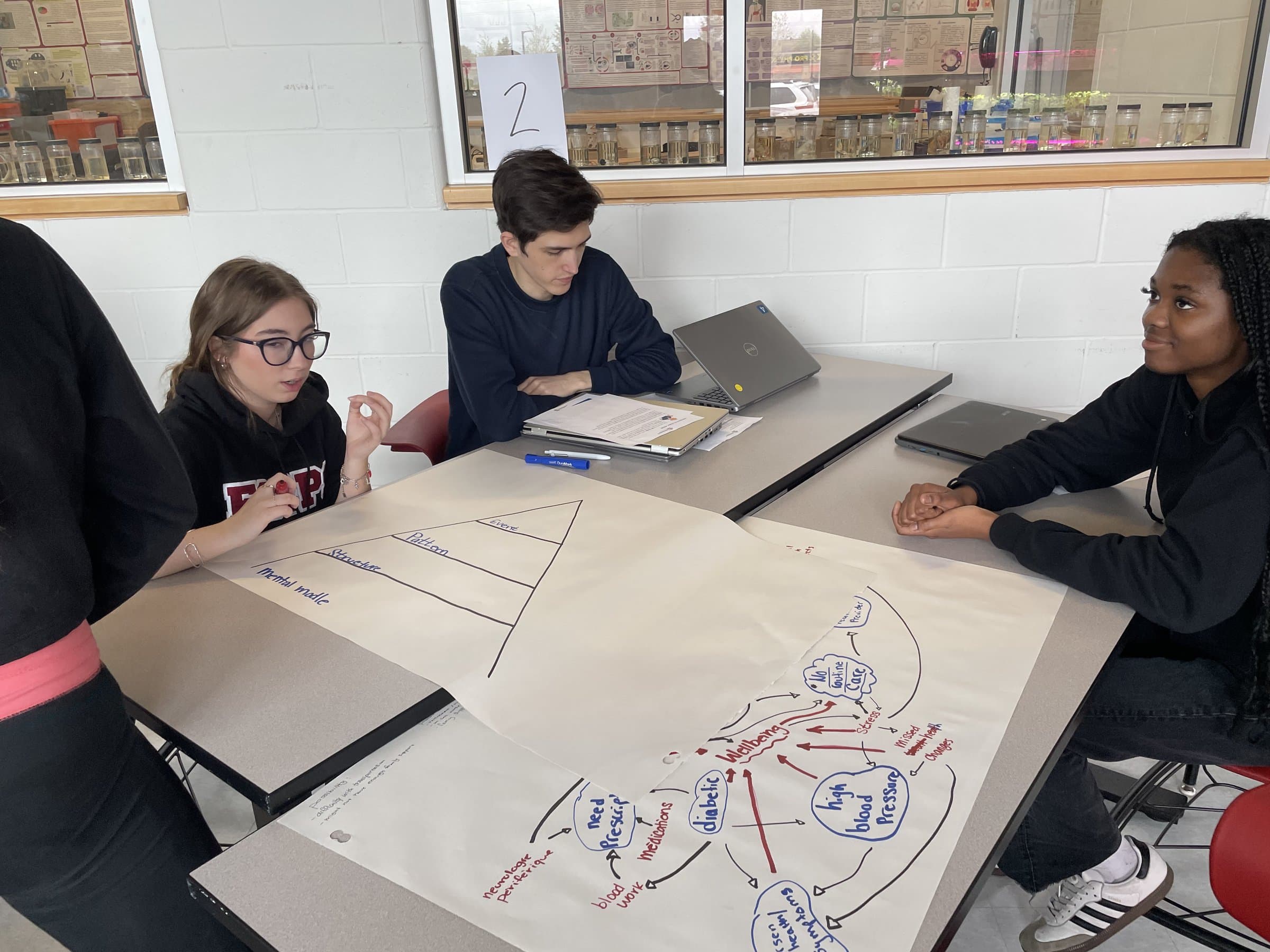 Students discuss an iceberg model and causal-loop diagram drawn on poster paper